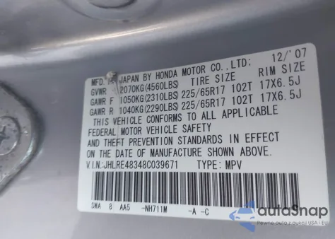 2008 Honda Cr-V Lx from USA, damaged, VIN JHLRE48348C039671